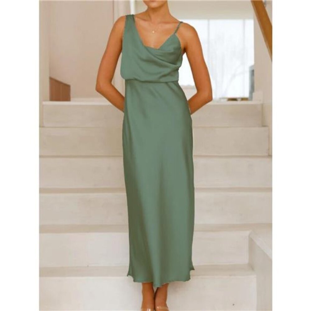Satin Asymmetrical Midi Dress - Picture 9 of 16